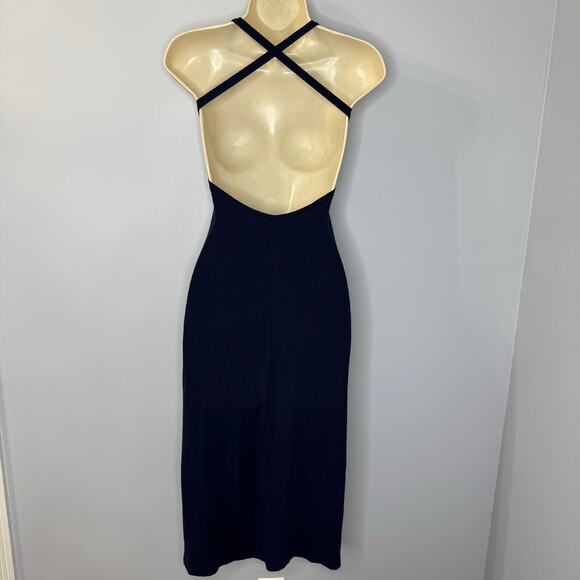 Reformation Navy Blue Ribbed Knit Square Neck Crisscross Open Back Midi Dress XS - Picture 5 of 11